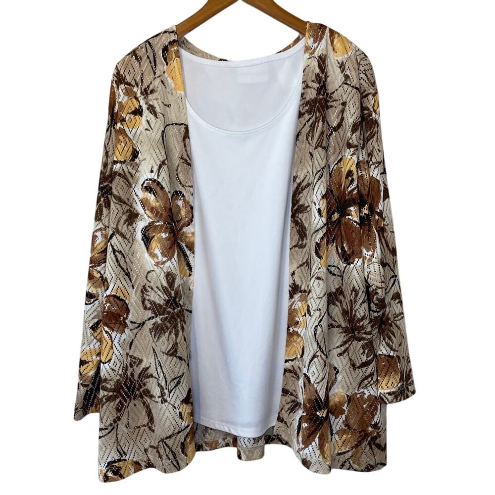 Alfred Dunner Floral Boho Open Front Mesh Cardigan Attached Cami White Brown XL